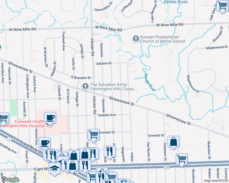 map of restaurants, bars, coffee shops, grocery stores, and more near 21550 Poinciana Street in Southfield