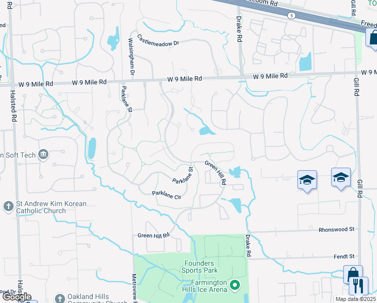 map of restaurants, bars, coffee shops, grocery stores, and more near 21288 Parklane Street in Farmington Hills