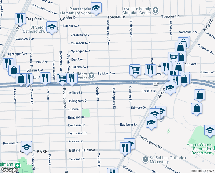 map of restaurants, bars, coffee shops, grocery stores, and more near 16468 East 8 Mile Road in Detroit