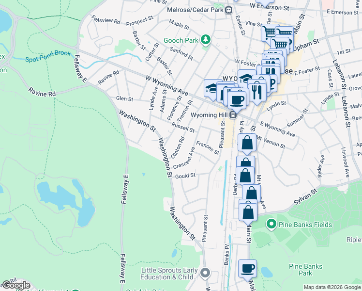 map of restaurants, bars, coffee shops, grocery stores, and more near 36 Clinton Road in Melrose