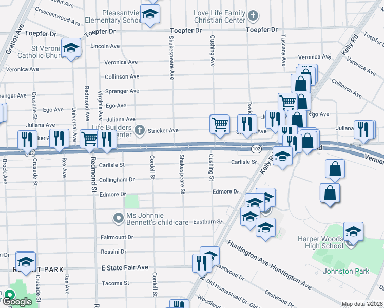 map of restaurants, bars, coffee shops, grocery stores, and more near 16612 Michigan 102 in Detroit