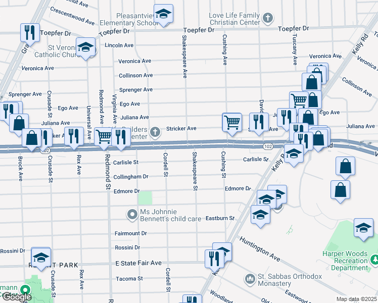 map of restaurants, bars, coffee shops, grocery stores, and more near 16468 East 8 Mile Road in Detroit