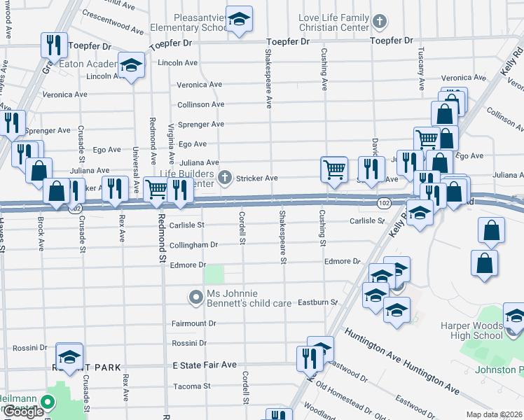 map of restaurants, bars, coffee shops, grocery stores, and more near in Eastpointe
