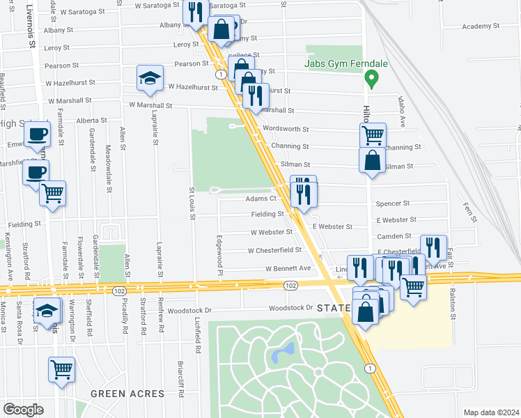 map of restaurants, bars, coffee shops, grocery stores, and more near 294 Fielding Street in Ferndale