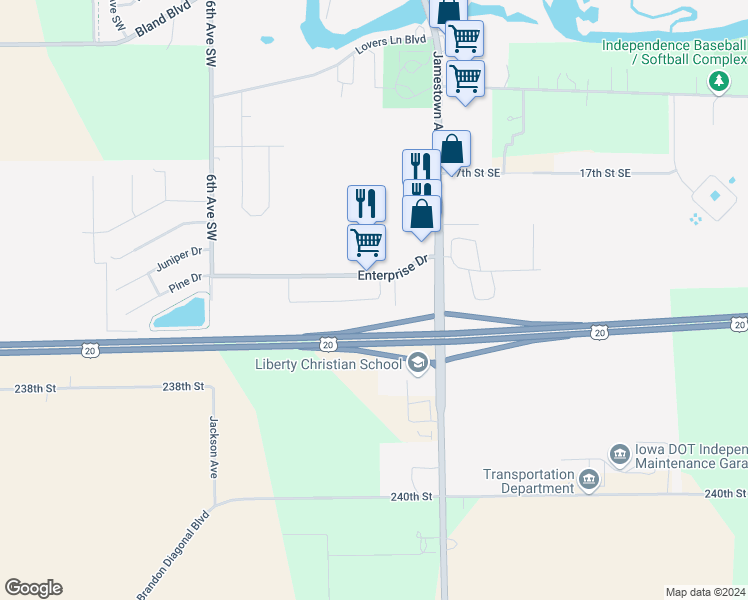map of restaurants, bars, coffee shops, grocery stores, and more near in Independence