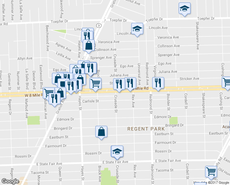 map of restaurants, bars, coffee shops, grocery stores, and more near 15522 East Eight Mile Road in Detroit