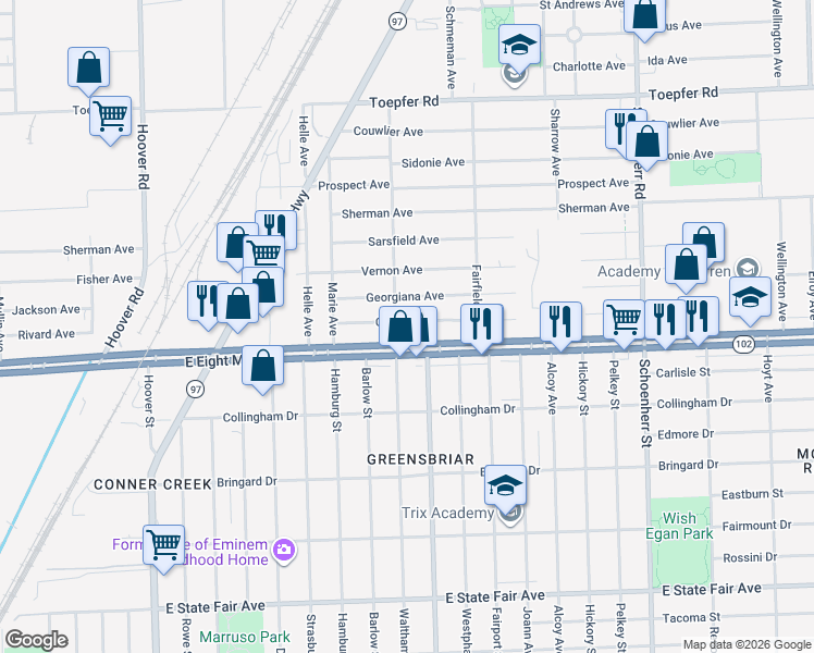 map of restaurants, bars, coffee shops, grocery stores, and more near 20714 Waltham Road in Warren