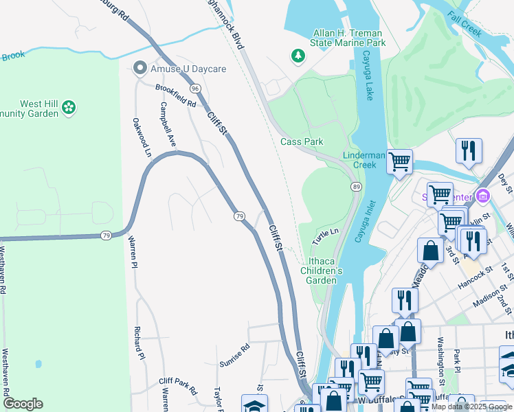 map of restaurants, bars, coffee shops, grocery stores, and more near 802-08 Cliff St in Ithaca