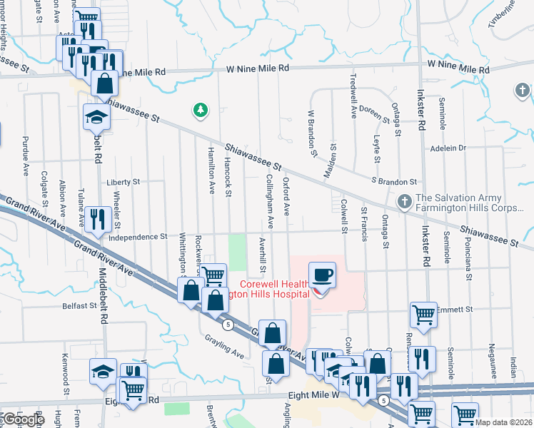 map of restaurants, bars, coffee shops, grocery stores, and more near 21541 Collingham Avenue in Farmington Hills