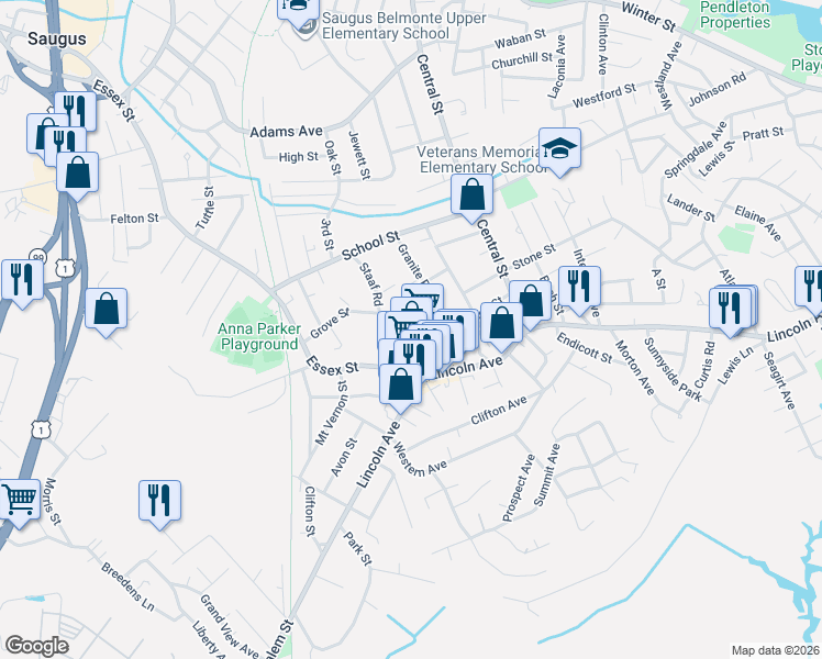 map of restaurants, bars, coffee shops, grocery stores, and more near 14 Raddin Terrace in Saugus
