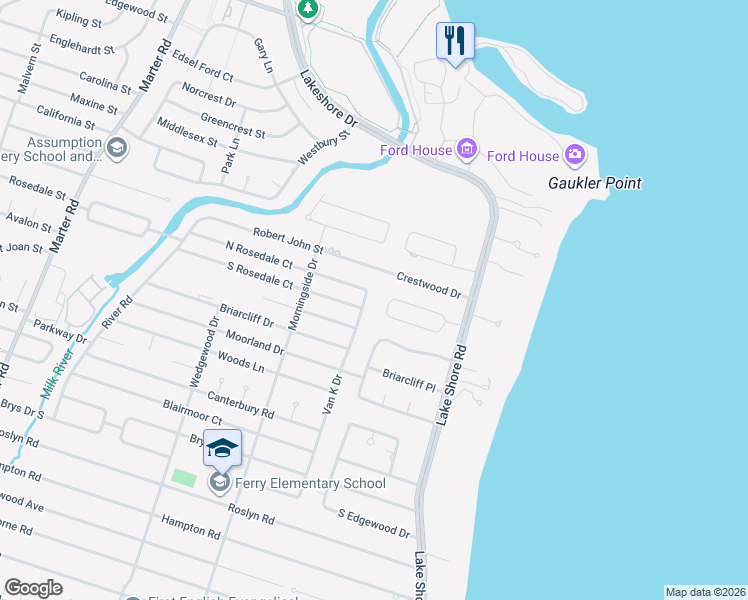 map of restaurants, bars, coffee shops, grocery stores, and more near 21860 Van K Drive in Grosse Pointe Woods