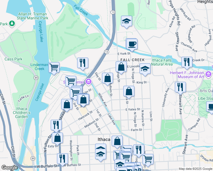 map of restaurants, bars, coffee shops, grocery stores, and more near 211 Dey Street in Ithaca