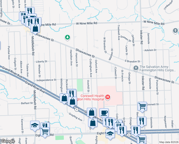 map of restaurants, bars, coffee shops, grocery stores, and more near 21541 Collingham Avenue in Farmington Hills