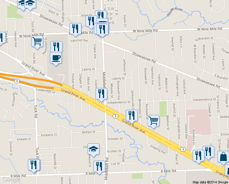 map of restaurants, bars, coffee shops, grocery stores, and more near 21602 Wheeler Street in Farmington Hills