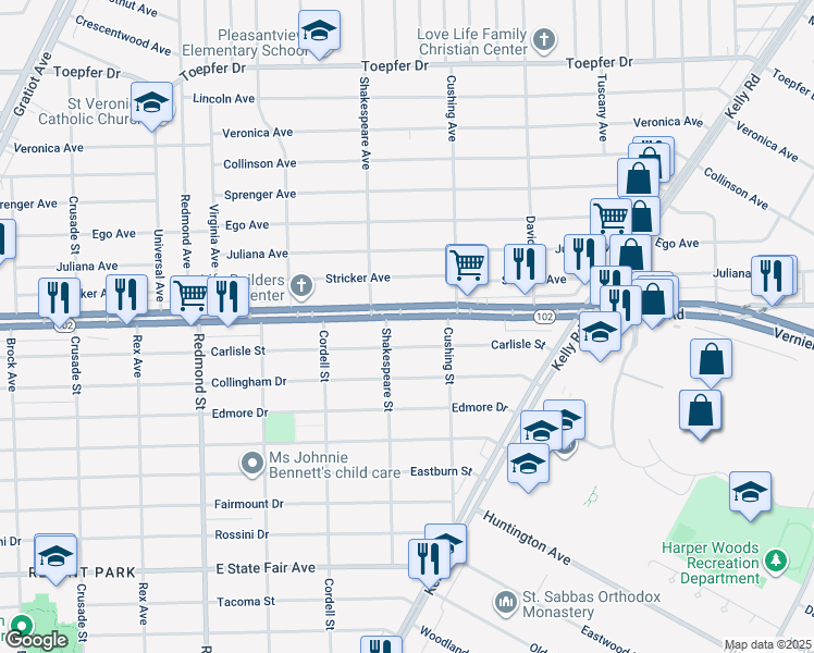 map of restaurants, bars, coffee shops, grocery stores, and more near 16634 East 8 Mile Road in Detroit