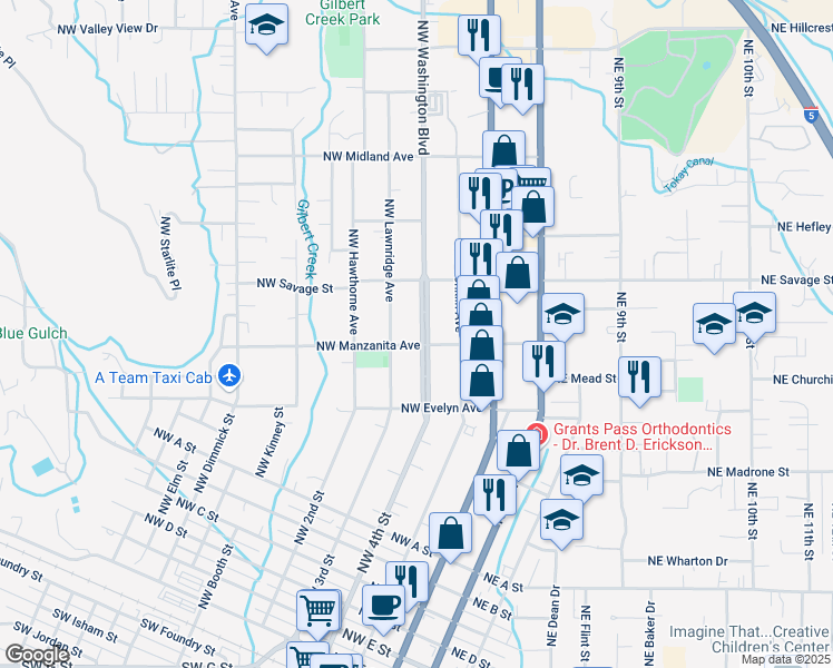 map of restaurants, bars, coffee shops, grocery stores, and more near 1206 Northwest Washington Boulevard in Grants Pass