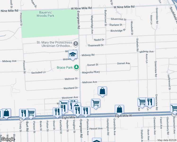 map of restaurants, bars, coffee shops, grocery stores, and more near 19981 Dorset Street in Southfield