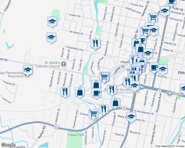 map of restaurants, bars, coffee shops, grocery stores, and more near 292 West Street in Pittsfield