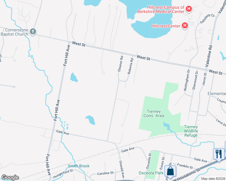 map of restaurants, bars, coffee shops, grocery stores, and more near 144 Eleanor Road in Pittsfield
