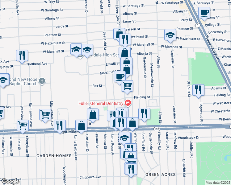 map of restaurants, bars, coffee shops, grocery stores, and more near 530 Stratford Road in Ferndale