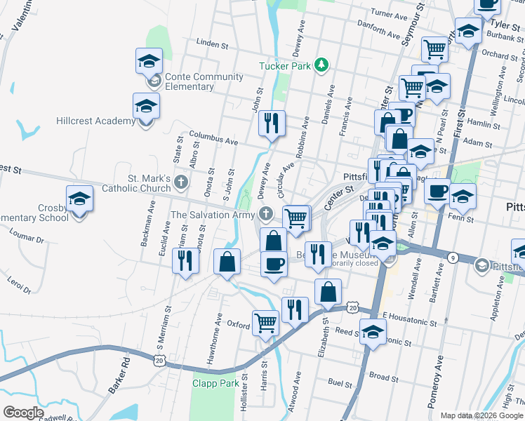 map of restaurants, bars, coffee shops, grocery stores, and more near 292 West Street in Pittsfield