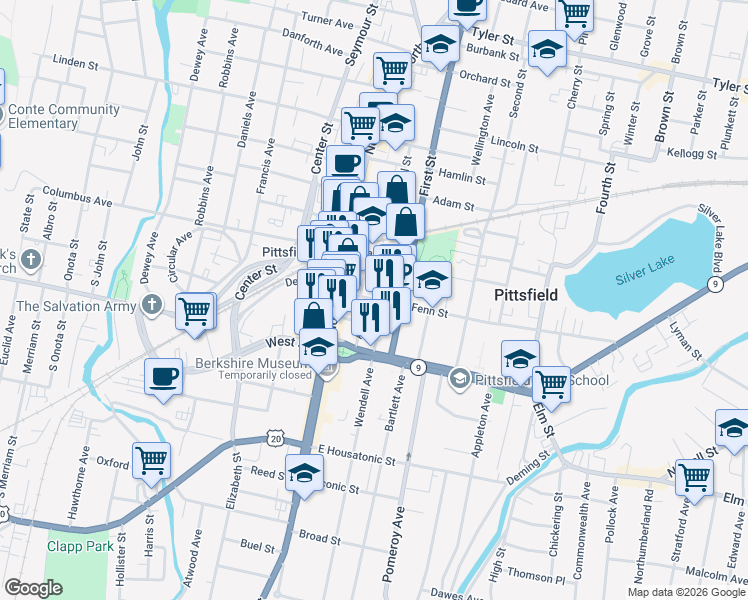 map of restaurants, bars, coffee shops, grocery stores, and more near 128 Fenn Street in Pittsfield