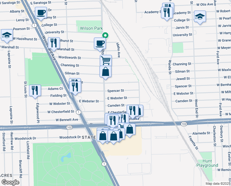 map of restaurants, bars, coffee shops, grocery stores, and more near 540 Spencer Street in Ferndale