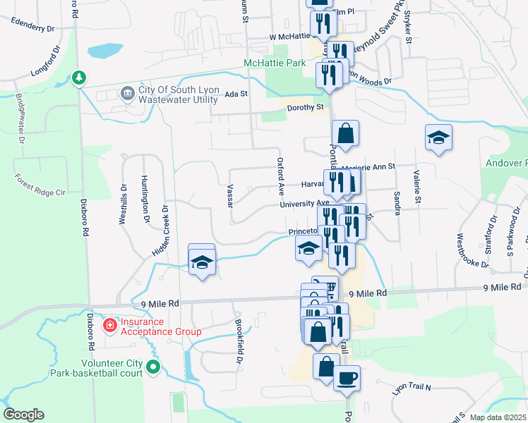 map of restaurants, bars, coffee shops, grocery stores, and more near 341 University Avenue in South Lyon