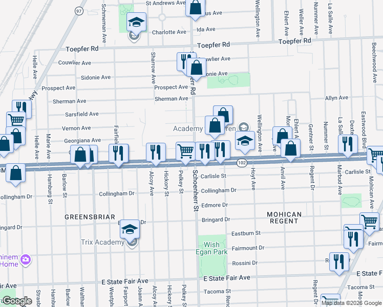 map of restaurants, bars, coffee shops, grocery stores, and more near 20711 Schoenherr Rd in Warren