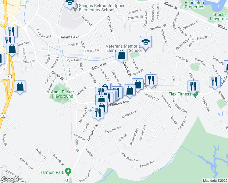 map of restaurants, bars, coffee shops, grocery stores, and more near 33 Jackson Street in Saugus