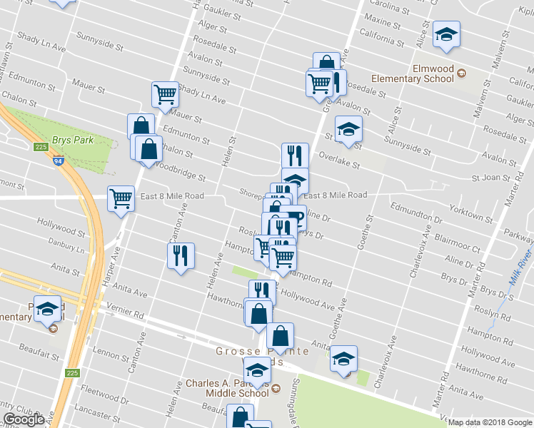 map of restaurants, bars, coffee shops, grocery stores, and more near 1988 Brys Drive in Grosse Pointe Woods