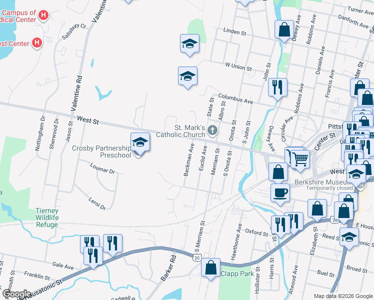 map of restaurants, bars, coffee shops, grocery stores, and more near 54 Backman Avenue in Pittsfield