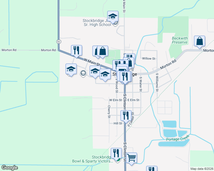 map of restaurants, bars, coffee shops, grocery stores, and more near 305 West Elizabeth Street in Stockbridge