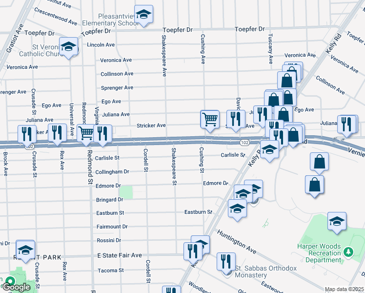 map of restaurants, bars, coffee shops, grocery stores, and more near 16634 8 Mile Road in Detroit