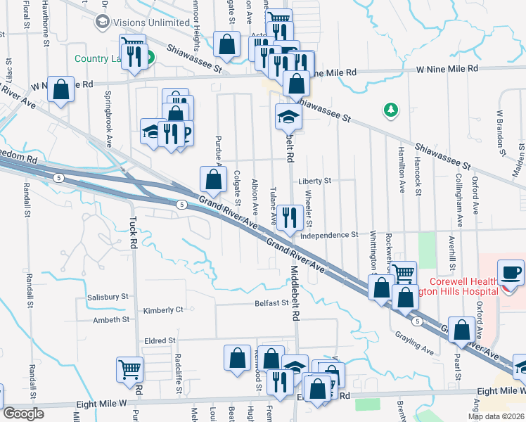 map of restaurants, bars, coffee shops, grocery stores, and more near 21610 Albion Avenue in Farmington Hills