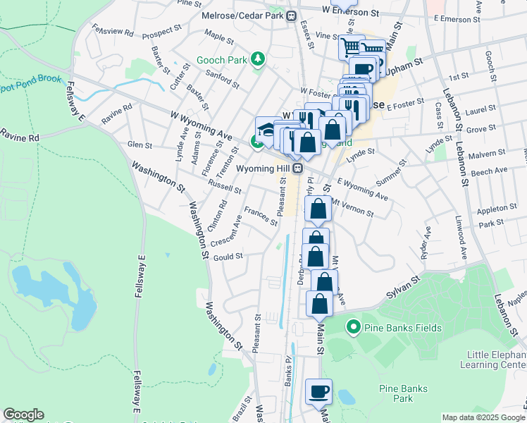 map of restaurants, bars, coffee shops, grocery stores, and more near 3 Bartlett Street in Melrose