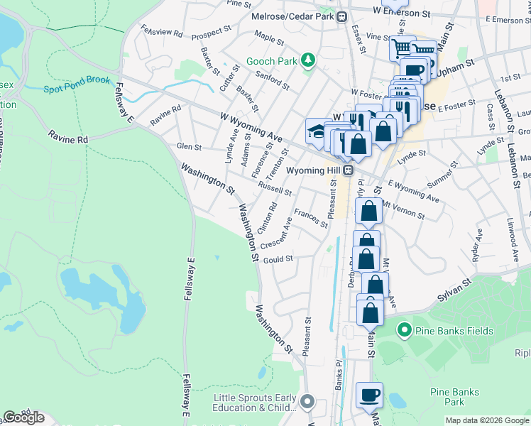 map of restaurants, bars, coffee shops, grocery stores, and more near 36 Clinton Road in Melrose