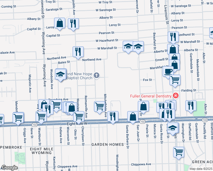 map of restaurants, bars, coffee shops, grocery stores, and more near 21094 Mitchelldale Avenue in Ferndale