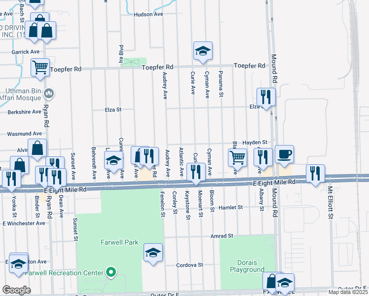 map of restaurants, bars, coffee shops, grocery stores, and more near 20862 Atlantic Avenue in Warren