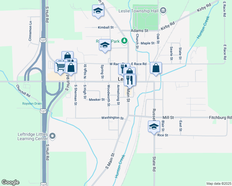 map of restaurants, bars, coffee shops, grocery stores, and more near 124 Armstrong Street in Leslie