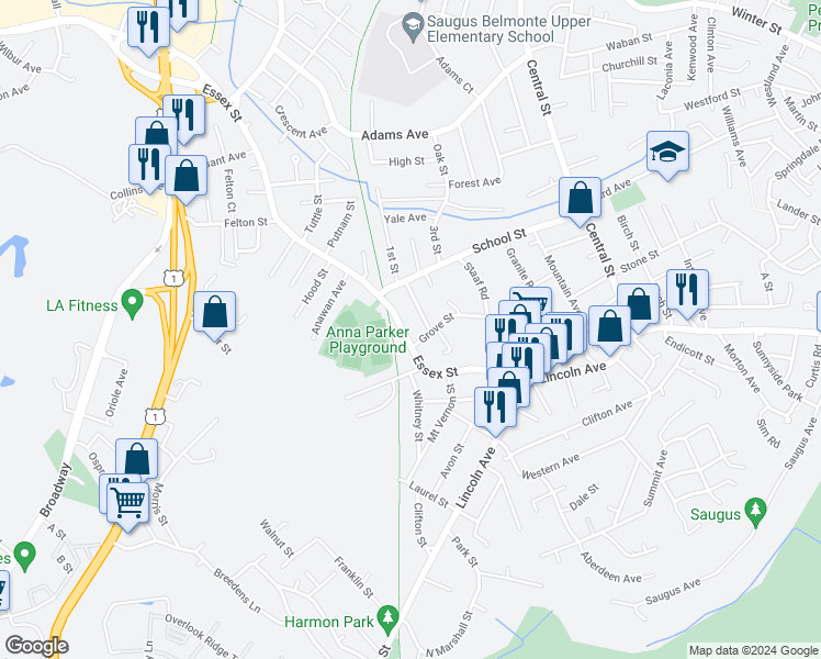 map of restaurants, bars, coffee shops, grocery stores, and more near 107 Essex Street in Saugus