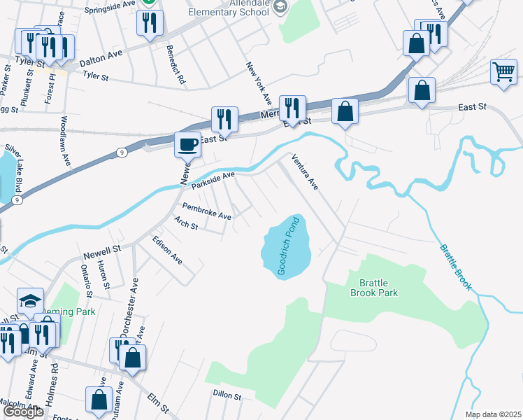 map of restaurants, bars, coffee shops, grocery stores, and more near 57 Herie Avenue in Pittsfield