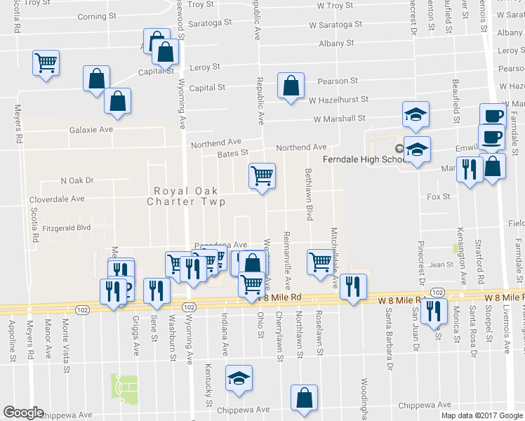 map of restaurants, bars, coffee shops, grocery stores, and more near 21205 Westview Avenue in Ferndale