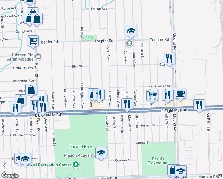 map of restaurants, bars, coffee shops, grocery stores, and more near 20862 Audrey Avenue in Warren