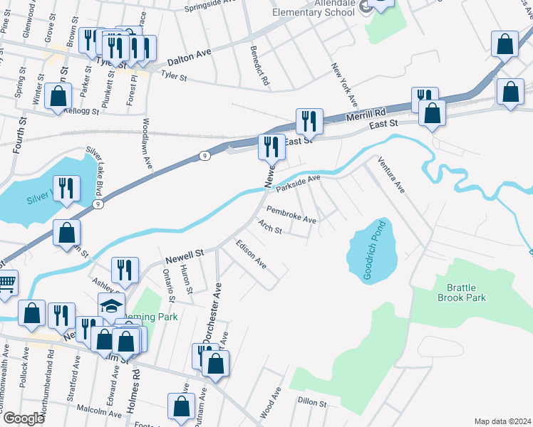 map of restaurants, bars, coffee shops, grocery stores, and more near 20 Pembroke Avenue in Pittsfield
