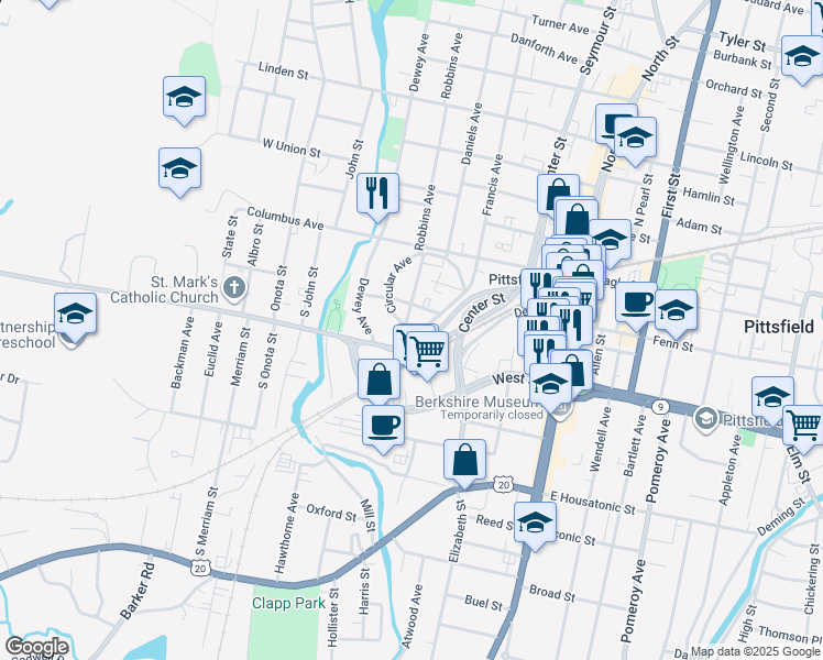 map of restaurants, bars, coffee shops, grocery stores, and more near 15 Circular Avenue in Pittsfield