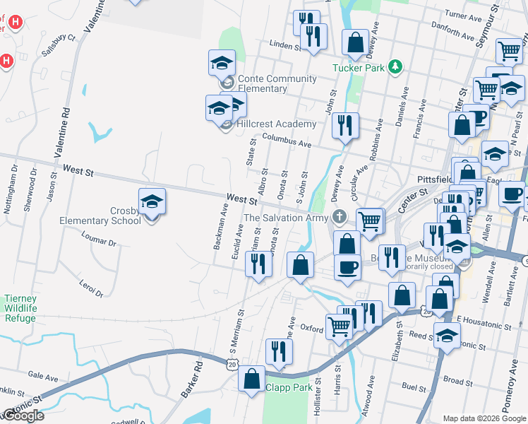 map of restaurants, bars, coffee shops, grocery stores, and more near 11 Merriam Street in Pittsfield