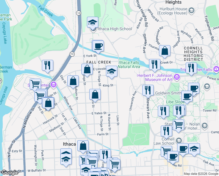 map of restaurants, bars, coffee shops, grocery stores, and more near 209 King Street in Ithaca