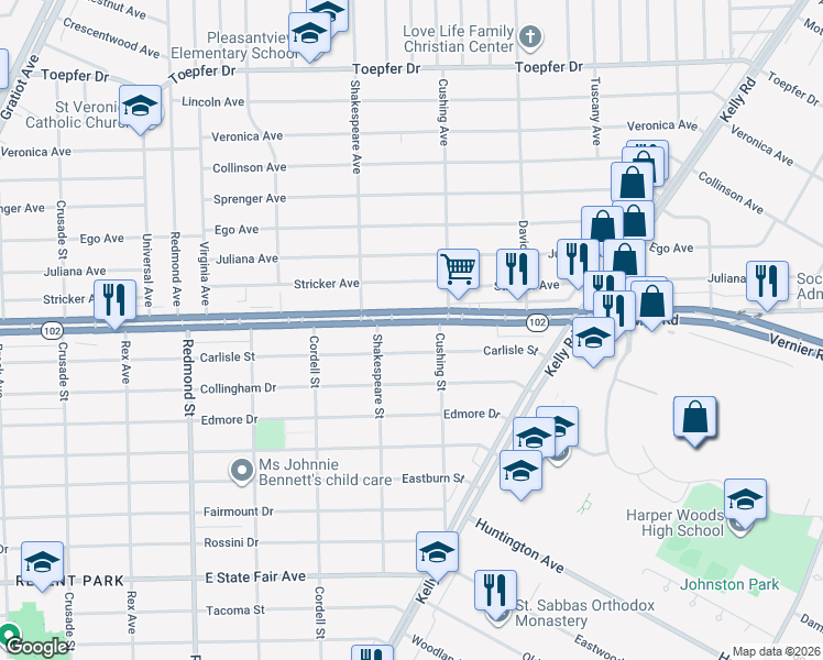map of restaurants, bars, coffee shops, grocery stores, and more near 16690 Michigan 102 in Detroit