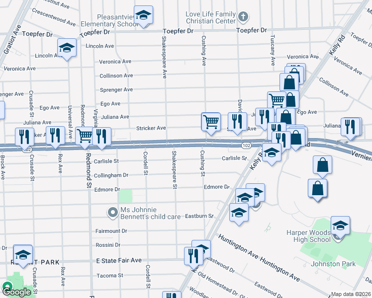 map of restaurants, bars, coffee shops, grocery stores, and more near 16612 Michigan 102 in Detroit